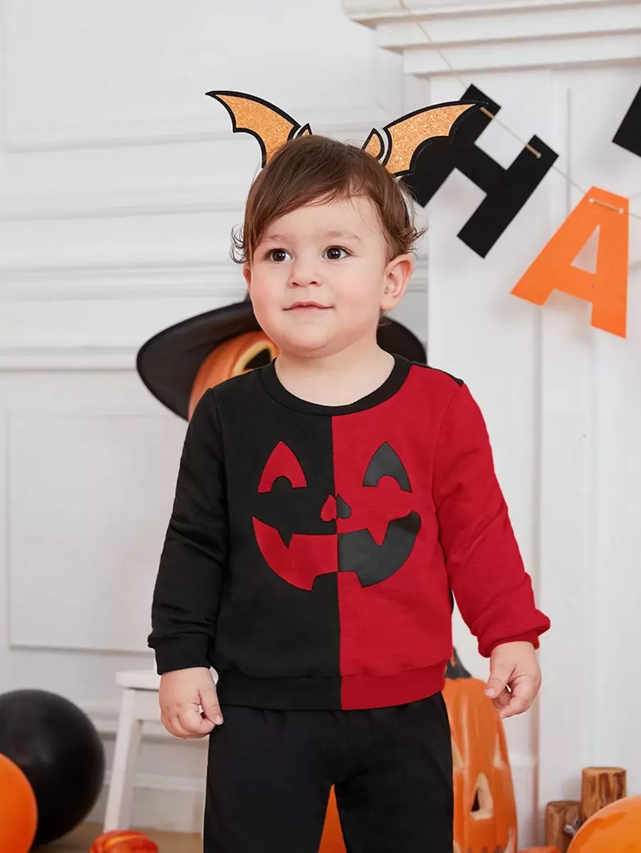 SHEIN Đứa bé trai Hai âm Halloween In biểu thức Áo nỉ - Nhiều màu - Xem 1