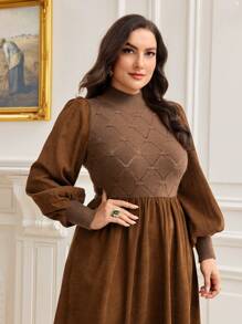 Mulvari Plus Mock Neck Lantern Sleeve Dress - Coffee Brown - View 5