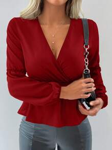 RueChic Surplice Neck Lantern Sleeve Peplum Blouse - Red - View 5