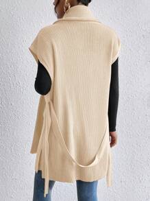 SHEIN Essnce 1入組青果領腰帶毛衣背心 - 米色 - 查看 2