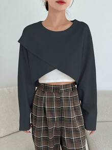 DAZY 1 Miếng Chất rắn Áo choàng mặt trước Áo phông Crop - Xám - Xem 2