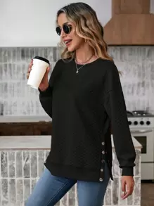 SHEIN LUNE 素色紐扣細節落肩袖運動衫 - 黑色 - 查看 1