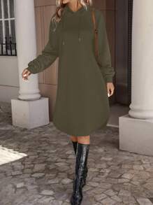 SHEIN LUNE Solid Drawstring Hooded Split Hem Sweatshirt Dress - Olive Green - View 6