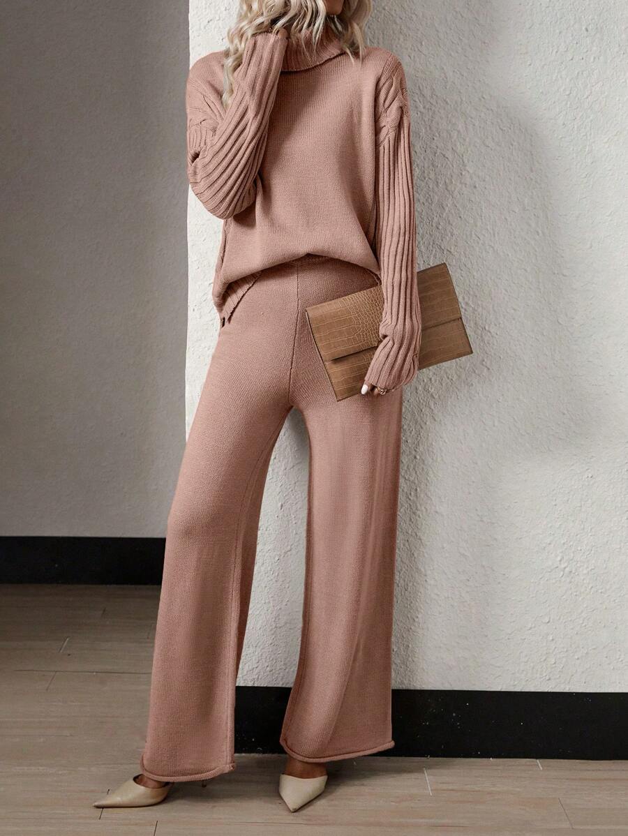 SHEIN Unity Turtleneck Drop Shoulder Sweater & Knit Pants - Dusty Pink - View 1