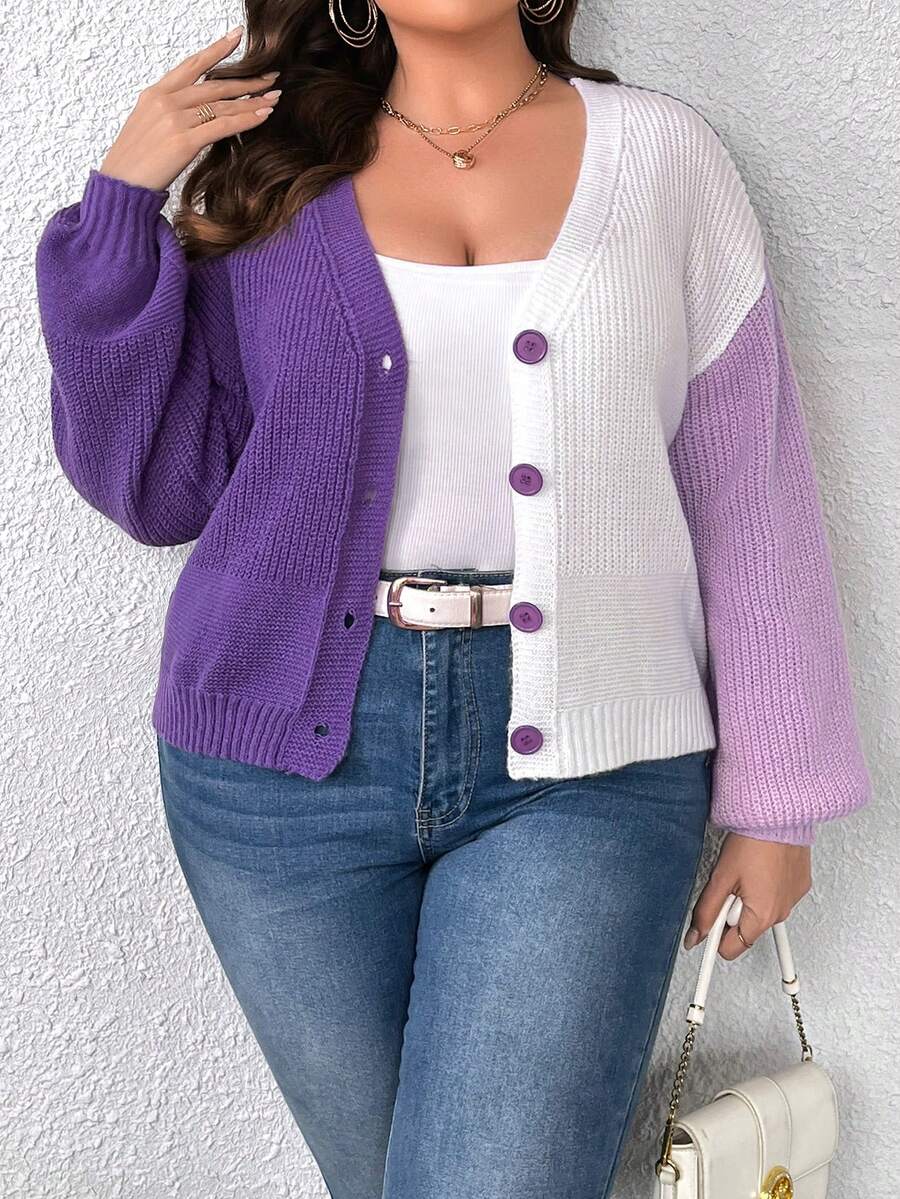 Calvaya Plus Colorblock Drop Shoulder Button Front Cardigan - Multicolor - View 1