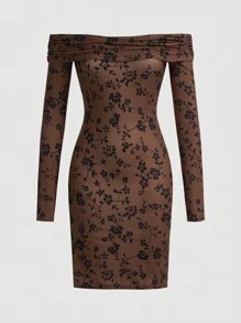 SHEIN MOD Floral Print Off Shoulder Bodycon Dress - Brown - View 1
