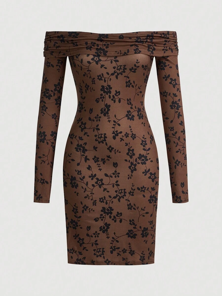 SHEIN MOD Floral Print Off Shoulder Bodycon Dress - Brown - View 1