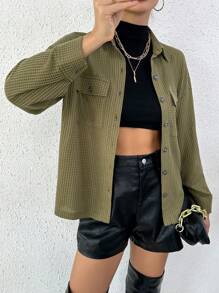SHEIN Essnce Flap Pocket Drop Shoulder Coat - Army Green - View 3