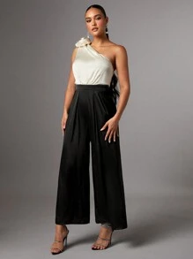 SHEIN BAE 單肩3D花闊腿連體褲 - 黑色 - 查看 6