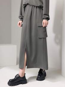 Seusyu 翻蓋口袋開衩短裙 - 灰色 - 查看 1