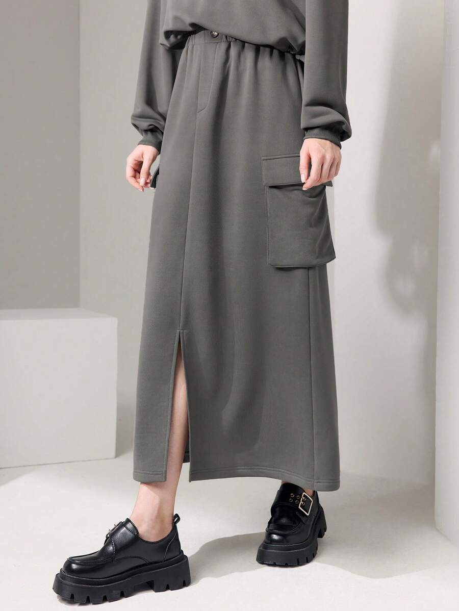 Seusyu 翻蓋口袋開衩短裙 - 灰色 - 查看 1