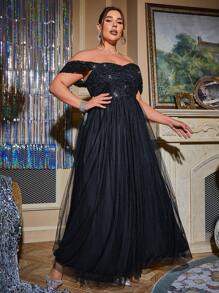 Glamaker Plus Off Shoulder Contrast Sequin Mesh Formal Dress - Black - View 1