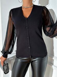 SHEIN Clasi Contrast Mesh Lantern Sleeve Button Front Cardigan - Black - View 4