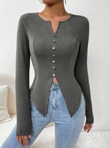 SHEIN Essnce Notched Neck Button Front Tee