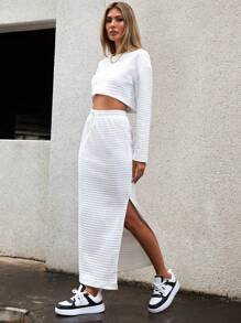 SHEIN Essnce Solid Drop Shoulder Crop Tee & Drawstring Waist Skirt - White - View 3