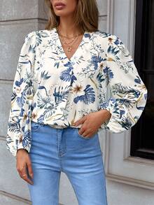 SHEIN LUNE Bản in nhiệt đới Tay áo lồng đèn Áo sơ mi - Nhiều màu - Xem 3