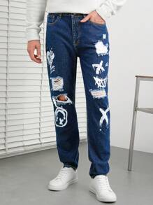 RueChic Men Cartoon Graphic Ripped Jeans - Blue - View 1