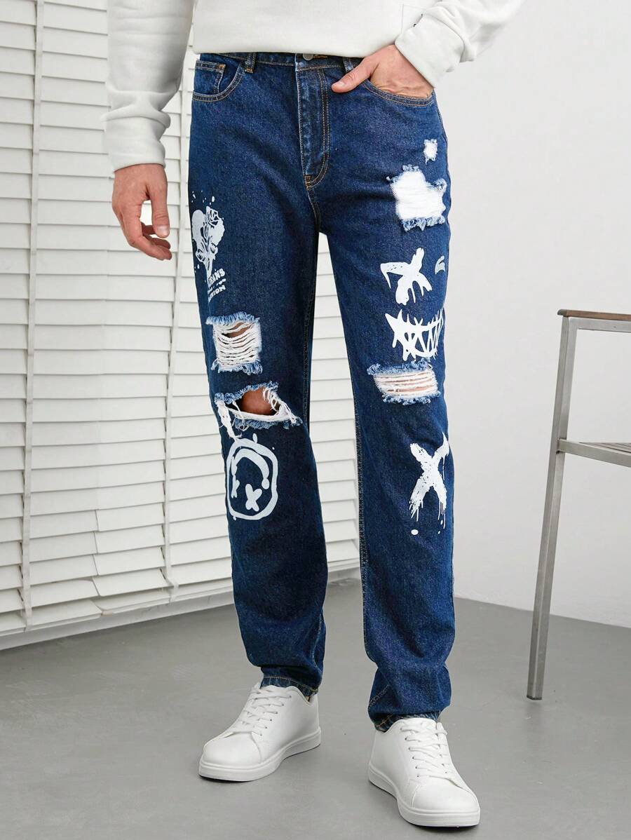 RueChic Men Cartoon Graphic Ripped Jeans - Blue - View 1