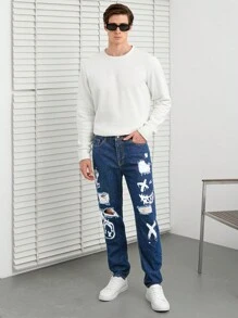 RueChic Men Cartoon Graphic Ripped Jeans - Blue - View 4