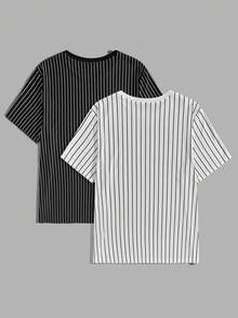 GENTILAND 2入組男士大码條紋印花T恤 - 黑與白 - 查看 2