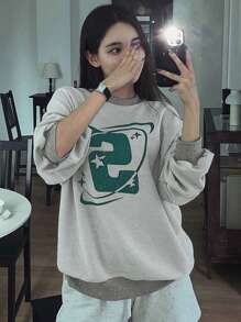 DAZY 字母图案落肩超大套头衫，秋装运动衫 - 灰色 - 查看 6