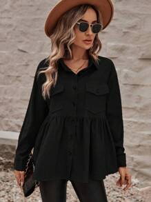 SHEIN LUNE Flap Pocket Ruffle Hem Button Front Shirt - Black - View 4