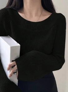DAZY Suéter de punto acanalado de manga raglán hombros descubiertos para otoño - Negro - Ver 4