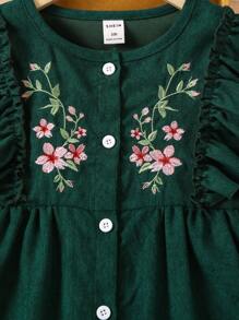 SHEIN Vintaside Kids Young Girl Floral Embroidery Ruffle Trim Flounce Sleeve Button Front Cord Dress Dark Green Dress For Young Girl