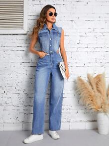 SHEIN LUNE Cutout Waist Flap Pocket Button Front Denim Jumpsuit - Medium Wash - View 4