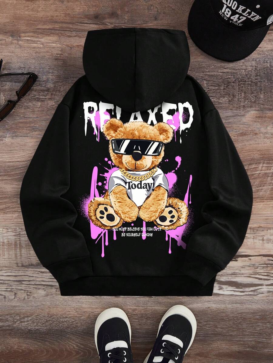 SHEIN Sudadera informal con estampado de dibujos animados de manga larga para adolescentes, adecuada para otoño/invierno - Negro - Ver 1