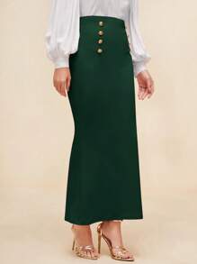 Modelyn Button Detail Mermaid Hem Skirt - Dark Green - View 4