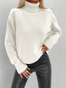 SHEIN Cottnline Women's High Neck Pullover Sweater - White - View 2