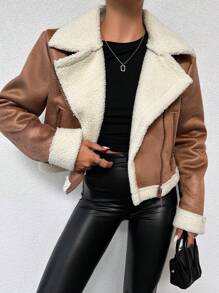 EURMUSE Fuzzy Oversized Collar Zipper Closure Women's Jacket - Camel - View 3