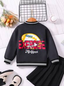SHEIN Young Girl Letter Graphic Striped Trim Varsity Jacket - Black - View 2