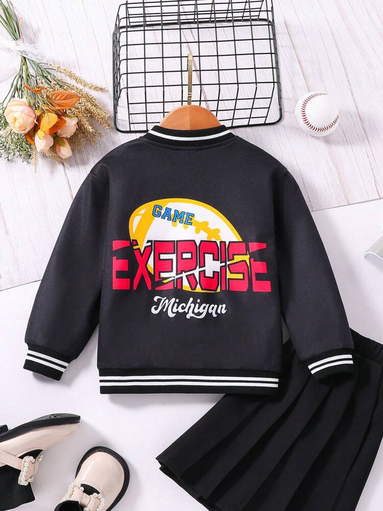 Young Girl Letter Graphic Striped Trim Varsity Jacket