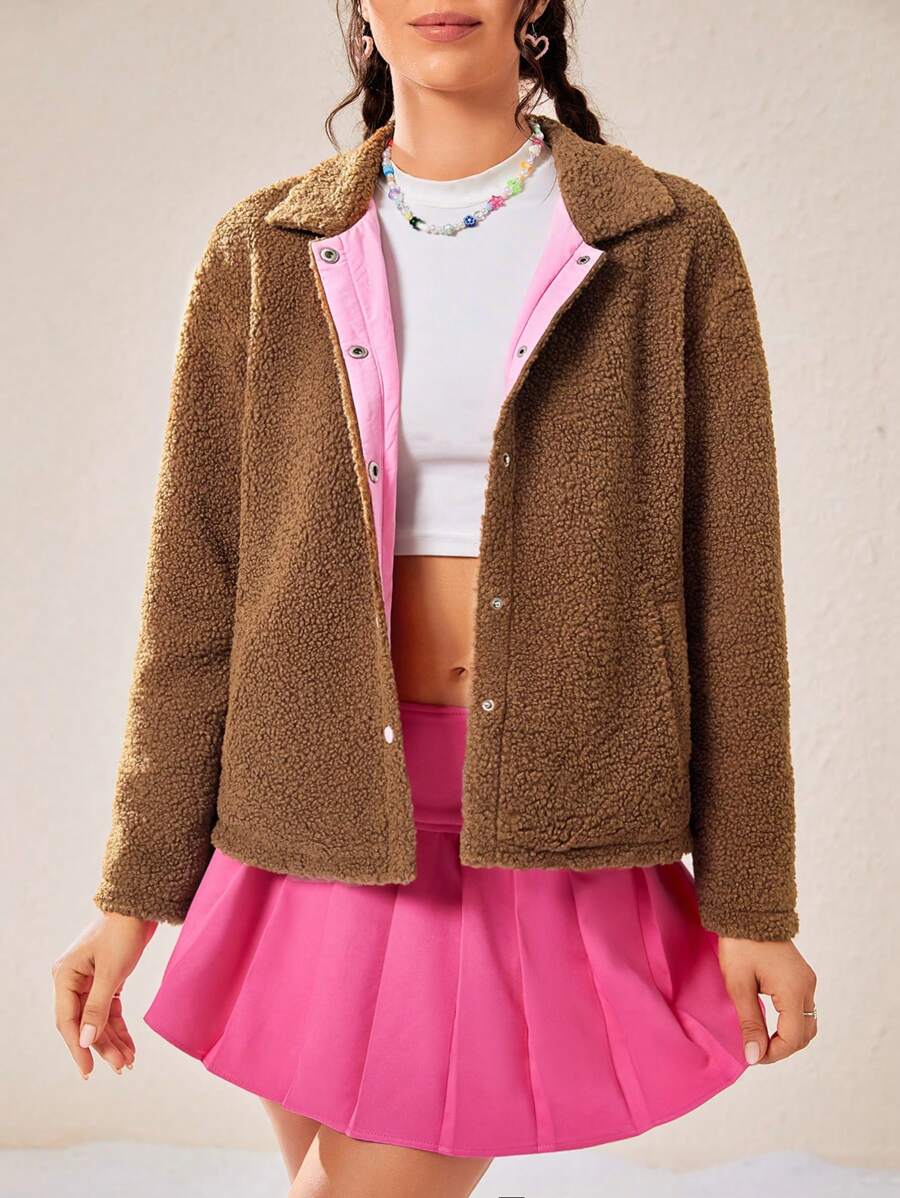 SHEIN EZwear 素色斜口袋前紐扣絨毛外套 - 棕色 - 查看 1