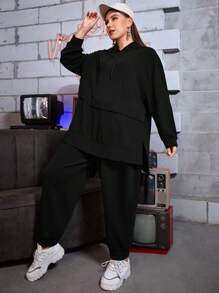 Mulvari Ensemble de tenue de voyage 2 pièces Femme, sweat-shirt à capuche avec emmanchures tombantes et fente au bas, cordon de serrage, et pantalon de survêtement