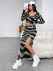 SHEIN EZwear Striped Print Crop Tee & Split Thigh Skirt - Black - View 5