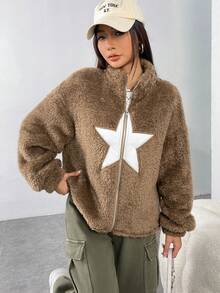 SHEIN EZwear Hình sao Thả vai Áo Teddy Jackets - màu nâu - Xem 5