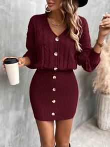 SHEIN Clasi Cable Knit Drop Shoulder Button Through Bodycon Sweater Dress - Burgundy - View 4