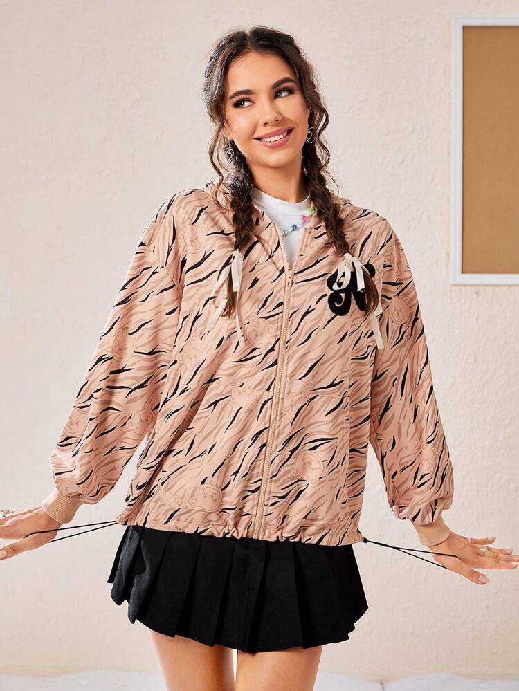 Letter Flocking Drop Shoulder Zipper Hoodie