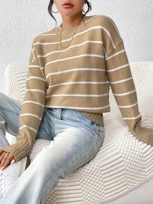 SHEIN Unity 条纹图案落肩针织套头衫秋冬毛衣 - 卡其色 - 查看 3