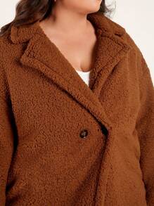 SHEIN BASICS Plus Lapel Neck Double Button Teddy Coat - Rust Brown - View 5