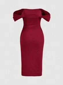 SHEIN MOD 大碼一字肩褶邊緊身洋裝 - 酒紅色 - 查看 2