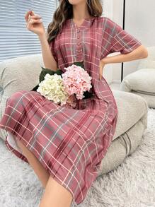 Plaid Print Half Button Pajama Nightdress Long Dress, Moo Moo Sleep Dress - Rose Red - View 5