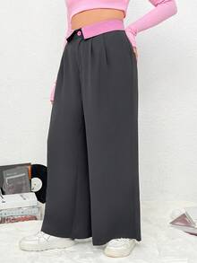 SHEIN EZwear 大碼拼接腰部折疊闊腿西裝褲 - 彩色 - 查看 5