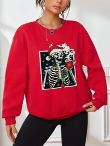 SHEIN EZwear Christmas Skeleton Print Drop Shoulder Sweatshirt - Red - View 3
