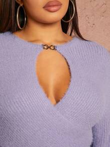 SHEIN SXY 前鏤空交叉套頭毛衣 - 紫色 - 查看 6