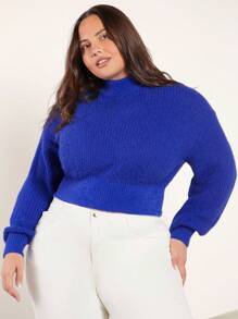 SHEIN BASICS Hơn Cổ giả Thả vai Áo len - Màu xanh lam - Xem 1