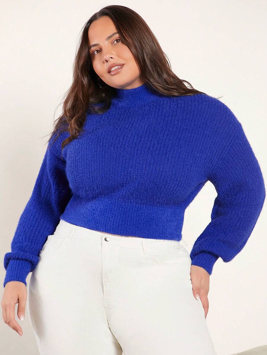 SHEIN BASICS Hơn Cổ giả Thả vai Áo len - Màu xanh lam - Xem 1